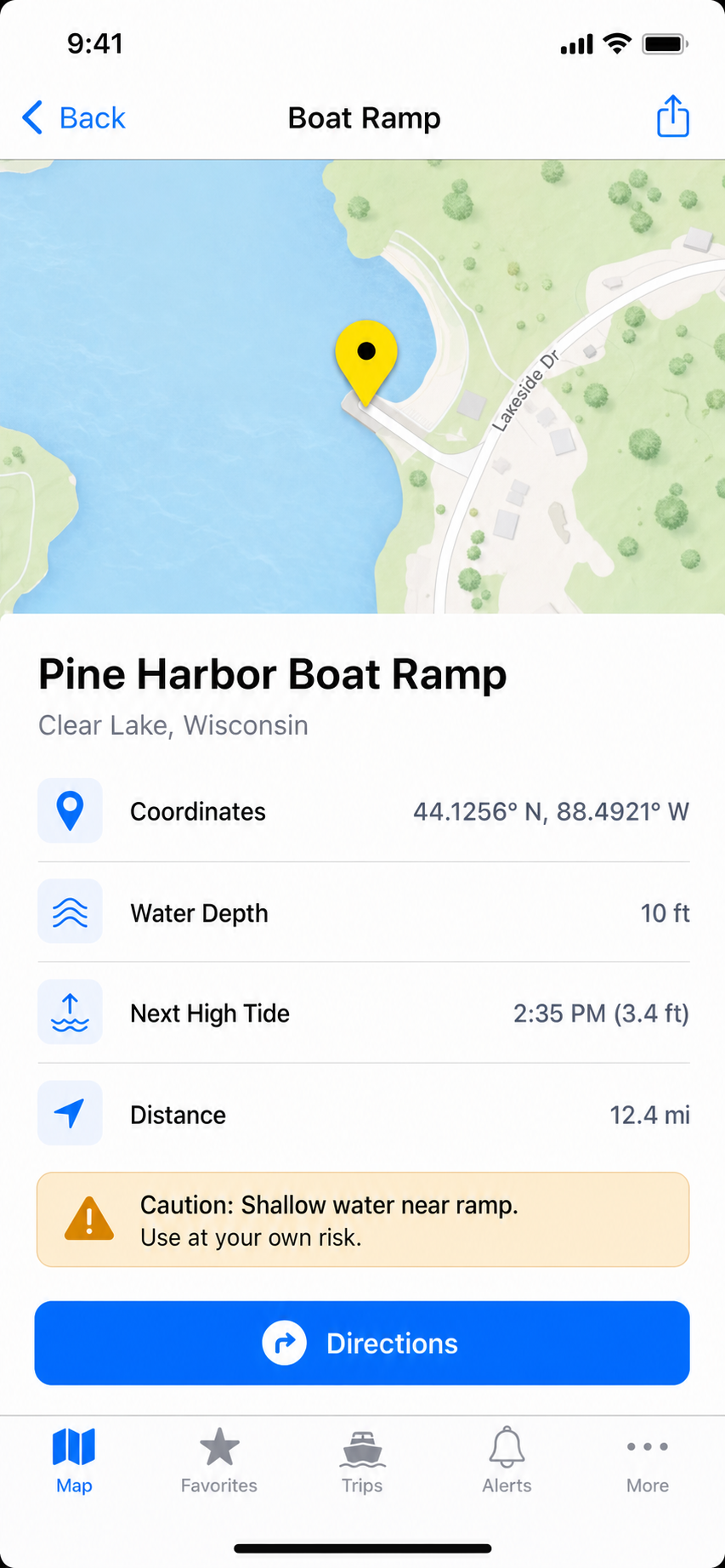 iPhone screenshot of a boat ramp detail view with coordinates, water depth, tide info, distance, and a safety caution banner